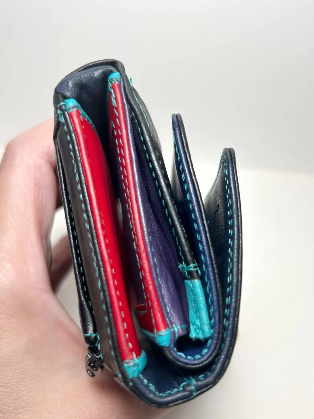 MyWalit Double Flap Ladies Trifold Leather Wallet -Black Multi, with Pen EUC